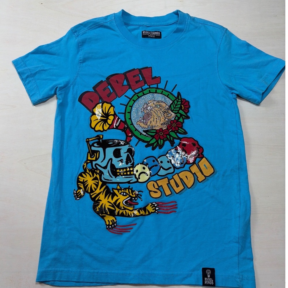 Rebel Minds Studio Blue Graphic T-Shirt Rhinestone Tiger Skull Mens Boys M 10/12